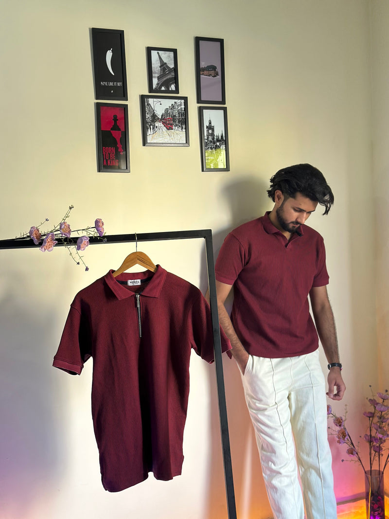 Mehroon Knitted V-Collar Polo