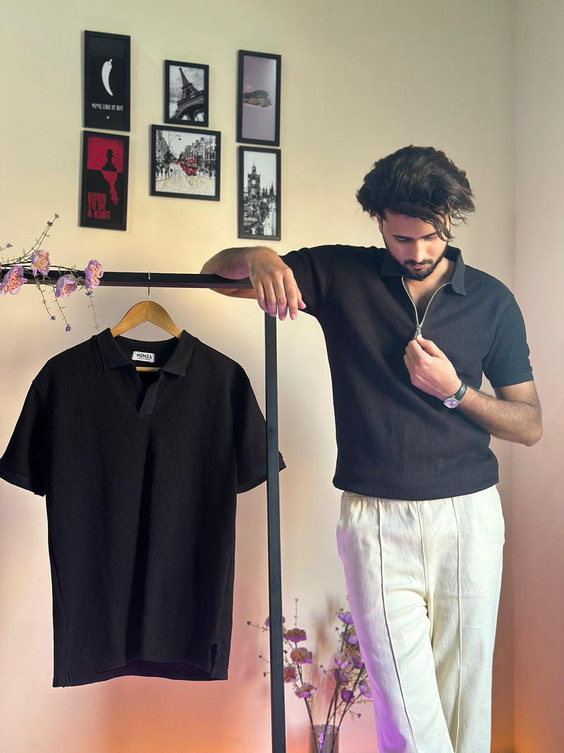 Black Knitted Zipper Polo