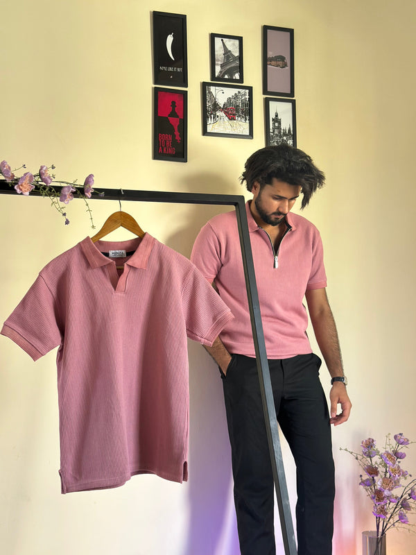 Ice Pink Knitted V-Collar Polo